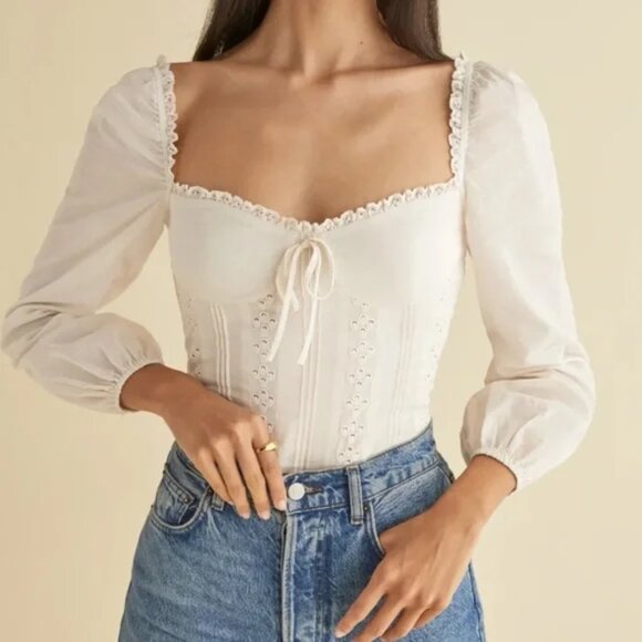 Reformation Isadora Top Blouse Eyelet Lace Trim Smocked Back Ivory Size 6 $148 - Picture 3 of 16